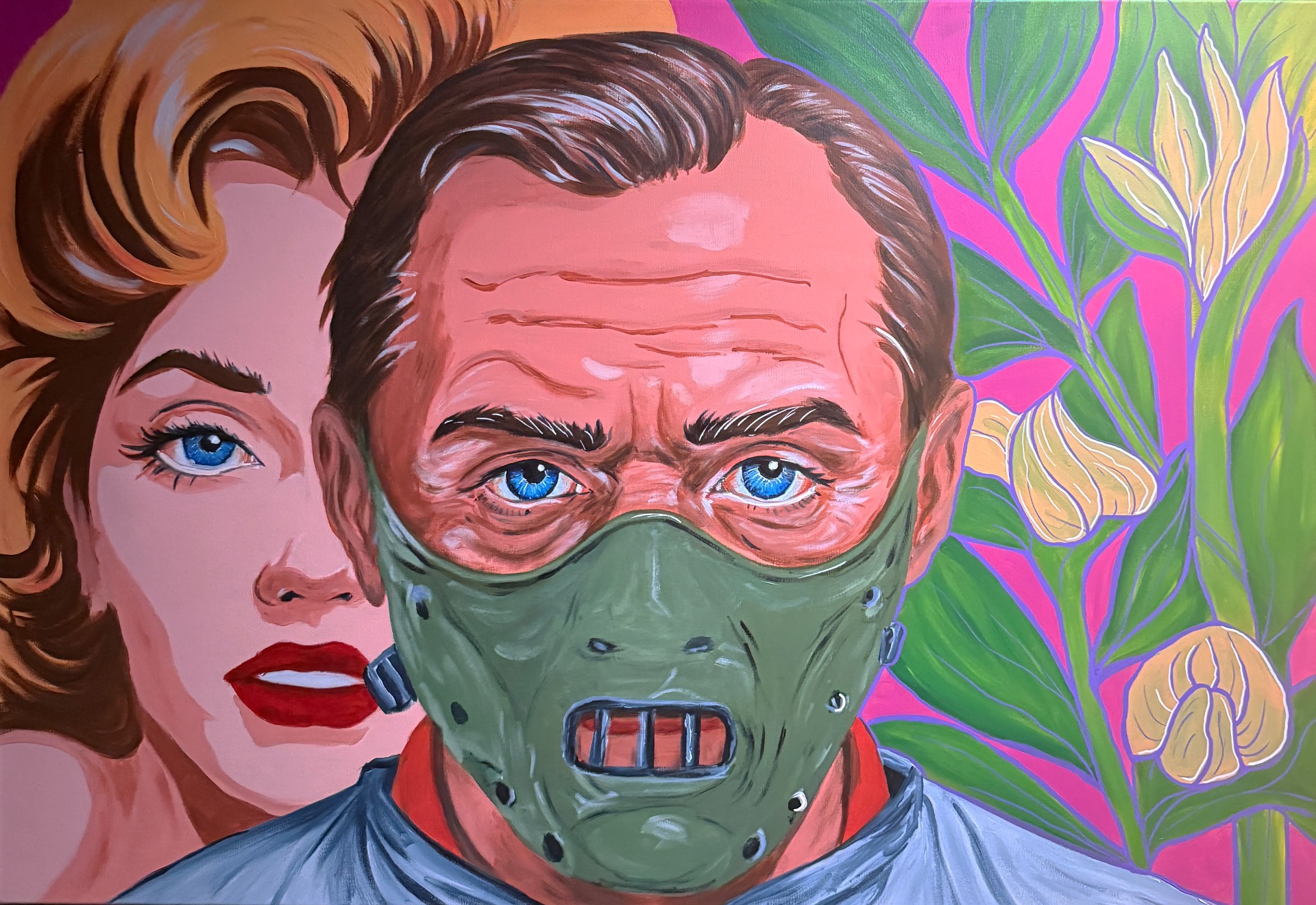 na prodej ,, No Pretense ,, Obraz vychází z legendární věty Hannibala Lectera z filmu Mlčení jehňátek: „Snědl jsem jeho játra s fava fazolemi a pěkným Chianti.“ Za Lecterem proto vyrůstá rostlina fava, která na tuto ikonickou repliku přímo odkazuje. Červená rtěnka ženy nese odstín Chianti, slavného italského vína. Fava fazole i Chianti obsahují látky, které ruší účinky MAO inhibitorů – léků podávaných lidem s psychopatickými sklony. Tím, že tuto kombinaci Lecter zmíní, ve skutečnosti říká:  „Neberu žádné léky. Moje temnota je skutečná.“ Technika: akryl RAFAN ©2024